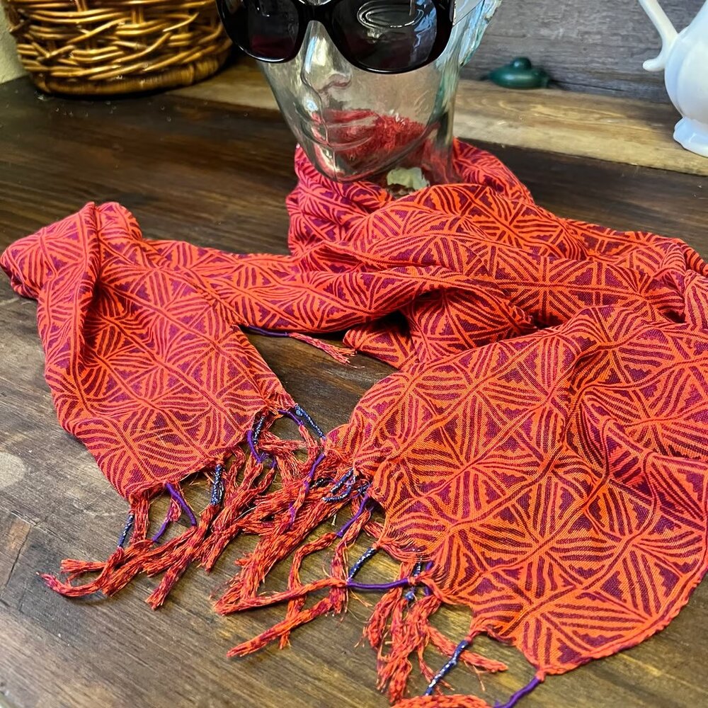 Abstract scarf with beaded fringe